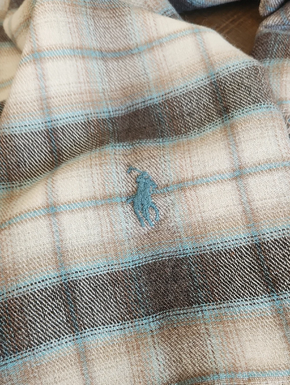 Polo by Ralph Lauren Brown, Cappuccino Beige & Light Blue Plaid Scarf